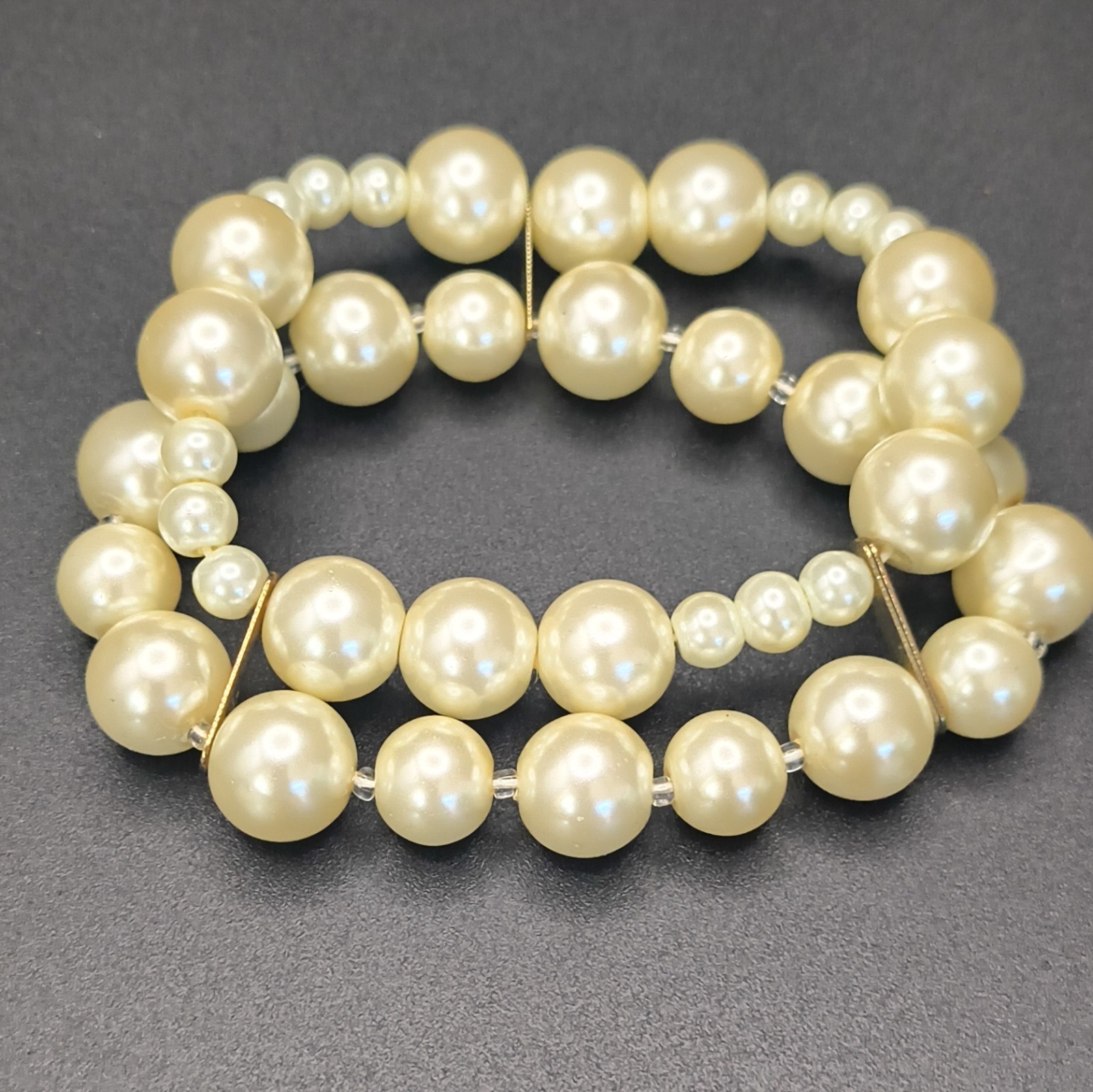 Cream Faux Pearl Double Strand Beaded Stretch Bracelet Slip-On Stackable
