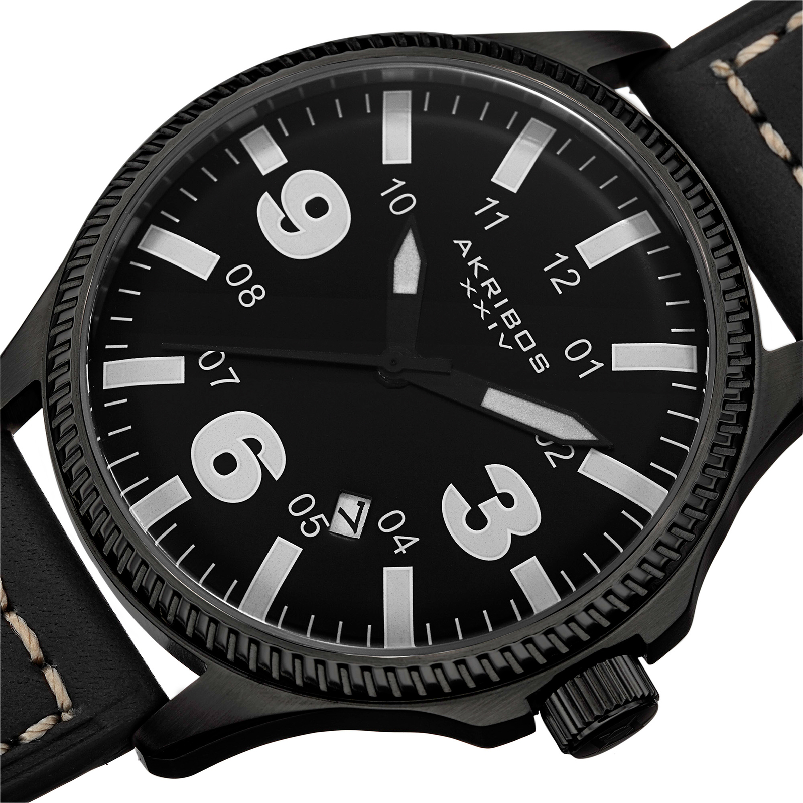 New Men’s Akribos XXIV AK833WT Easy-to-Read Quartz Date Black Leather Watch