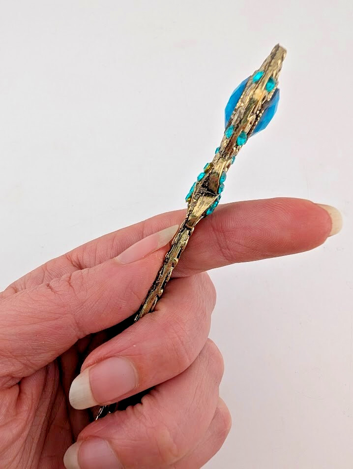 GOLDTONE & AQUA BLUE “CRYSTAL” HAIR STICK metal kanzashi bun french twist pin G6
