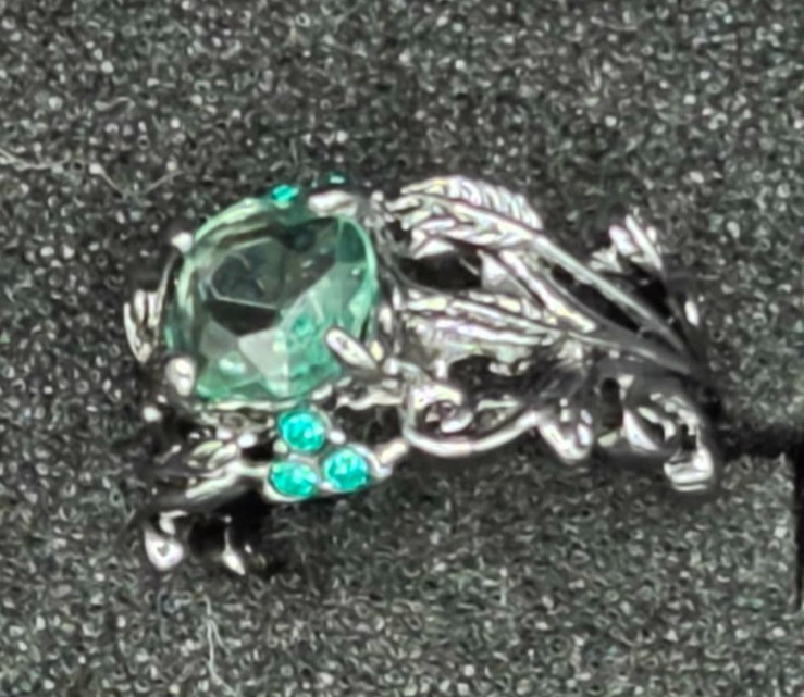 Gunmetal Black Gothic Oval Light Blue Stone Leaf Vine Accent Statement Ring