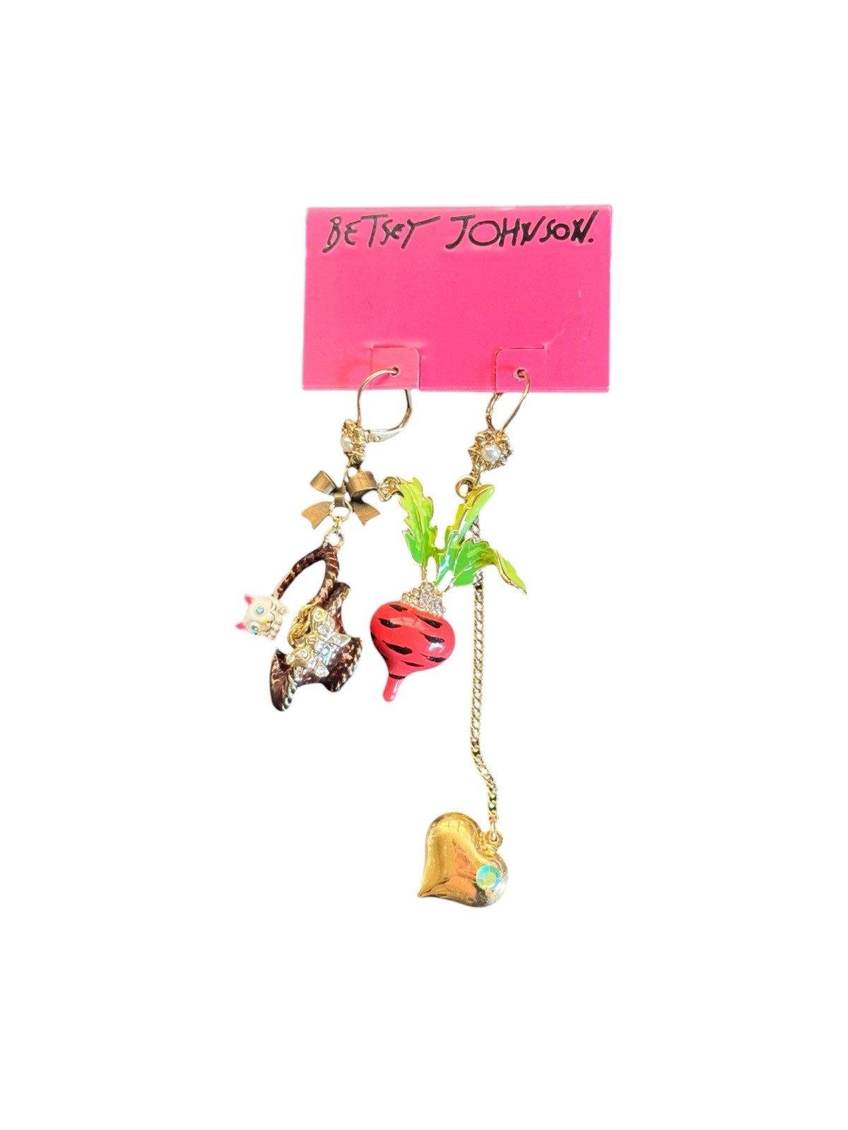 Betsey Johnson Farmhouse Cat in Basket with Bow and Turnip Earrings New