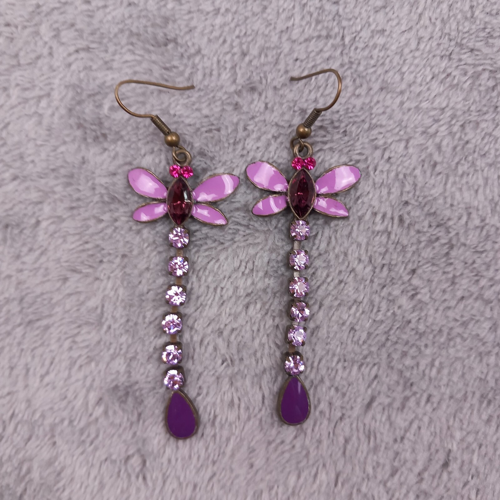 Unbranded Bronze Purple Dragonfly Rhinestone Drop Earrings Vintage Y2K One Size