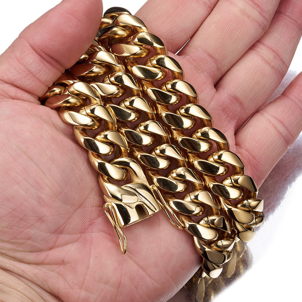 6-22MM Full Stainless Steel 18K GP Miami Hip Hop Cuban Chain Necklace Bracelet