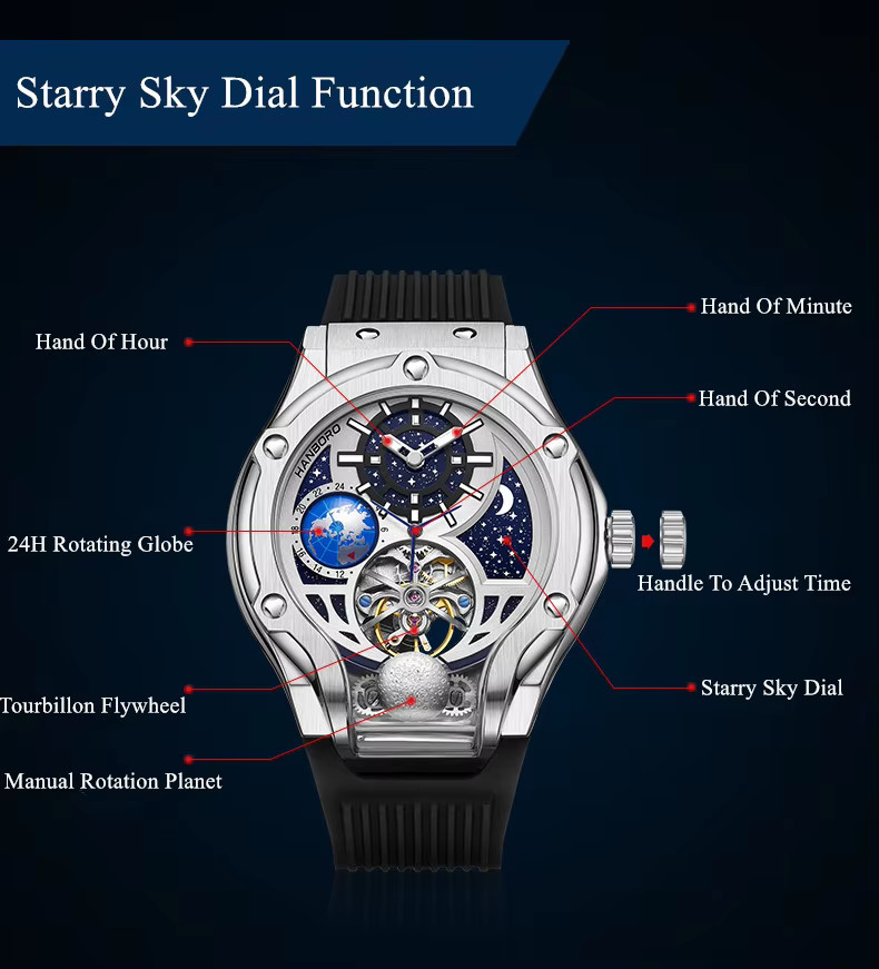 HANBORO Men Automatic Watch Sapphire Crystal Stainless Steel Skeleton H980 Silve