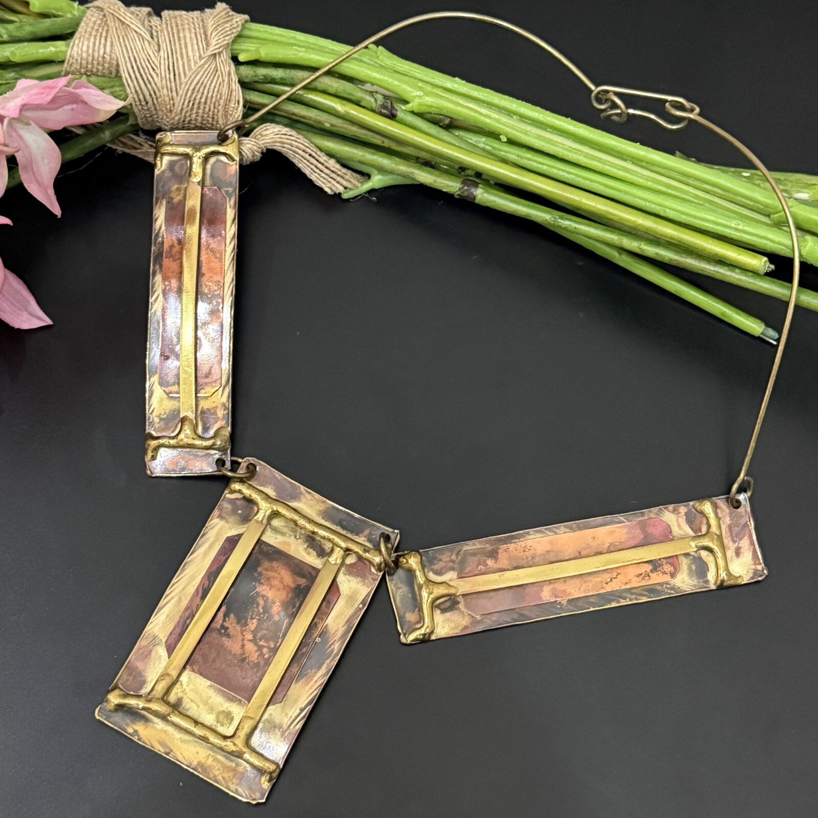Unique Vintage Retro Modernist Handcrafted Artistic Mixed Metal Necklace 93g.