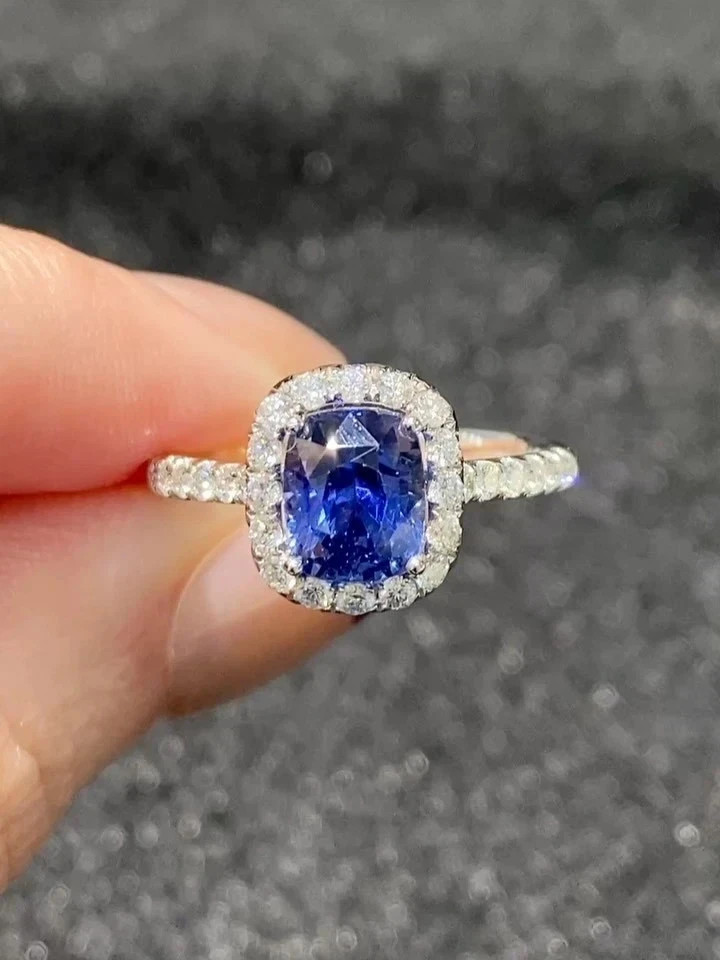 3.00Ct Cushion Cut Natural Sapphire Diamond Wedding Ring 14K White Gold 6 7 8 9