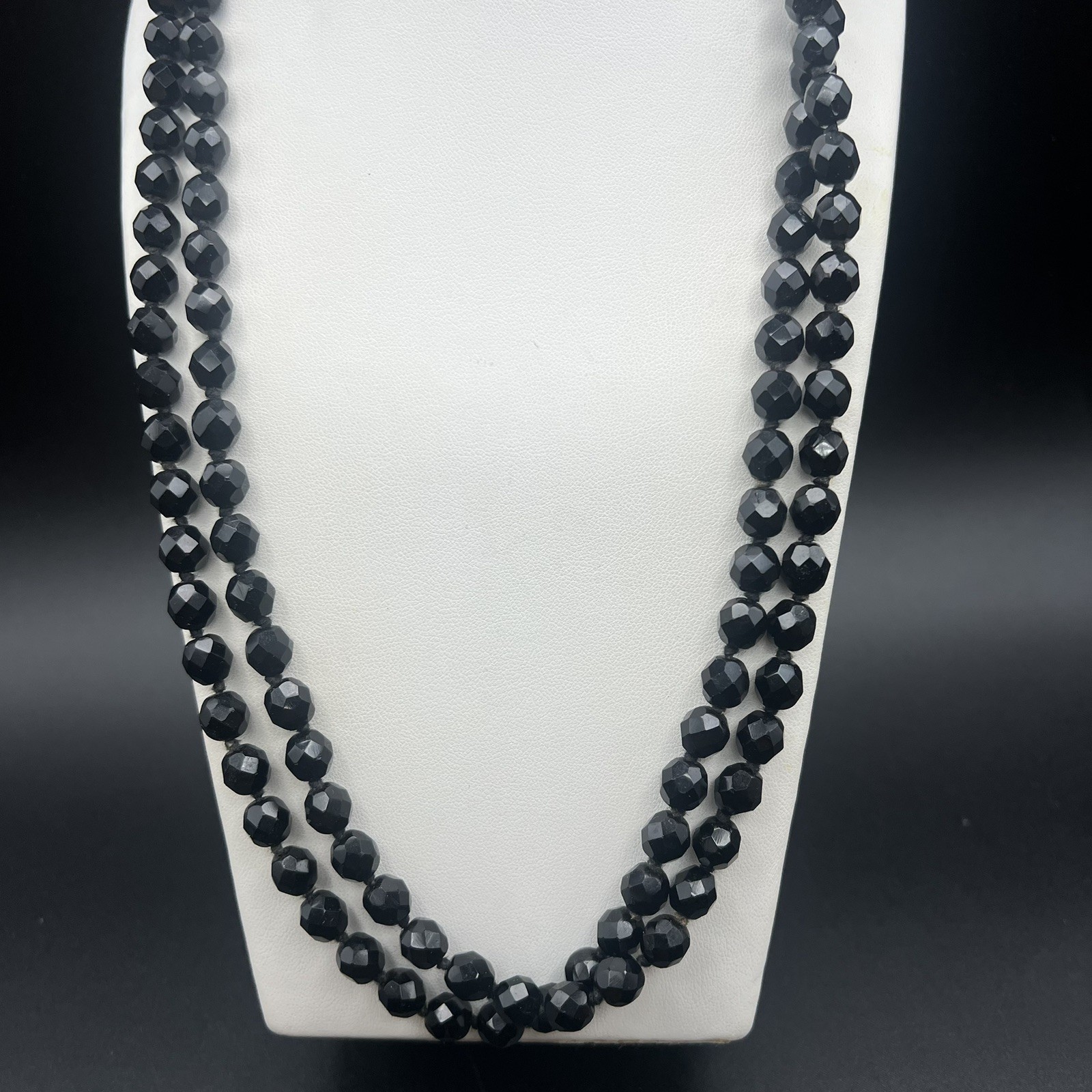 Vintage Faceted Jet Black Glass Double Strand Beaded Necklace Made in Austria