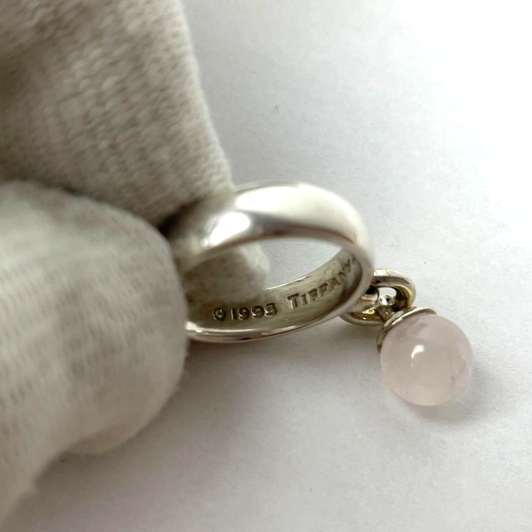 Tiffany AG925 Rose Quartz Ball Dangle Ring US 6.25 No Box Pouch