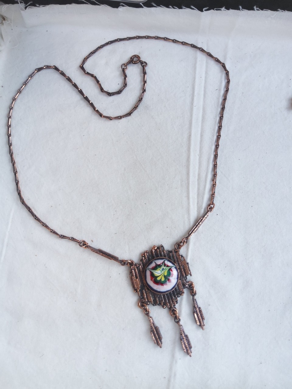 Mid Century Modern Brutalist Enameled Copper Fringe Necklace
