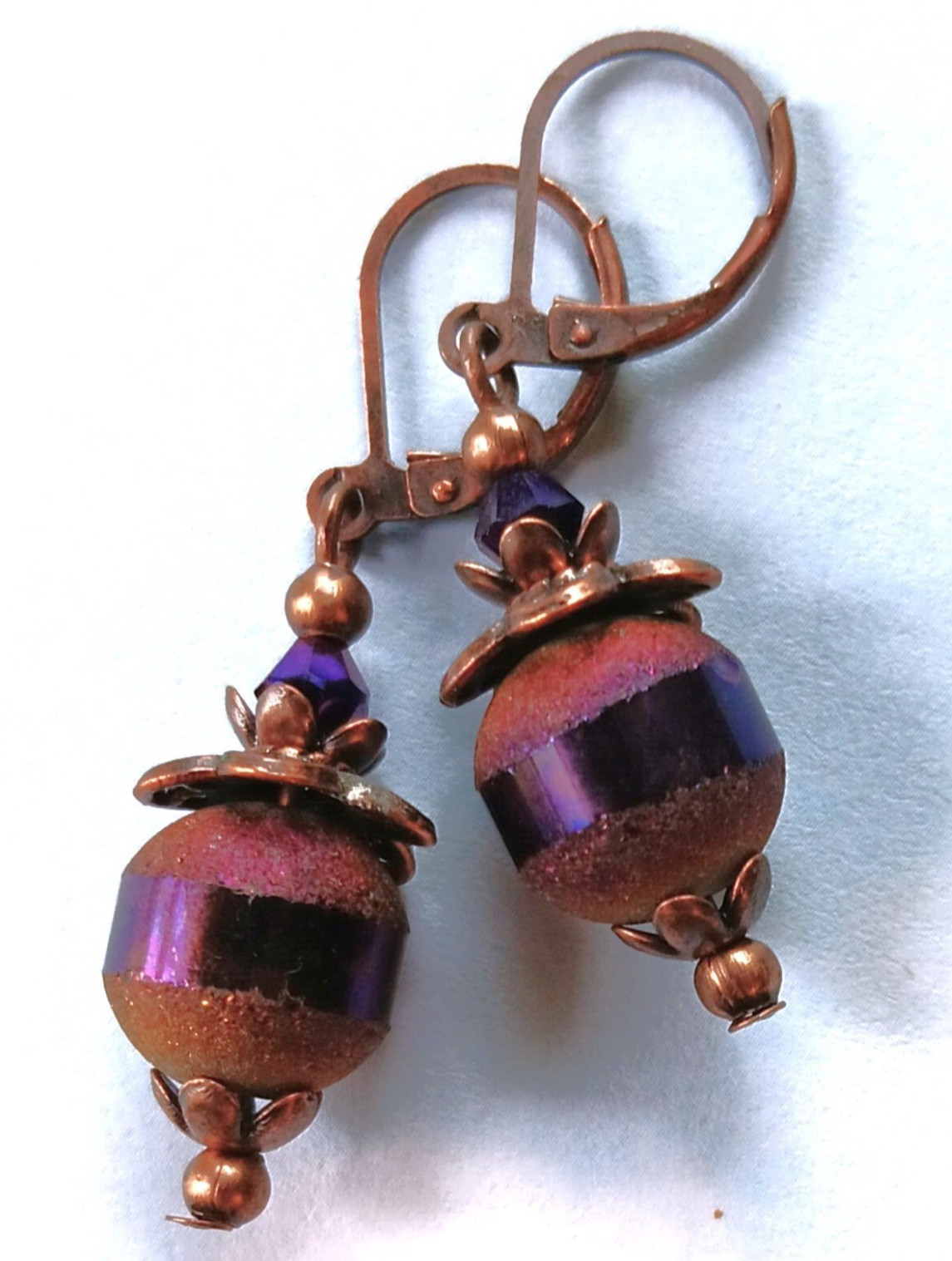 PURPLE frosted CRYSTAL earring COPPER LEVERBACK handcrafted #XSP-b