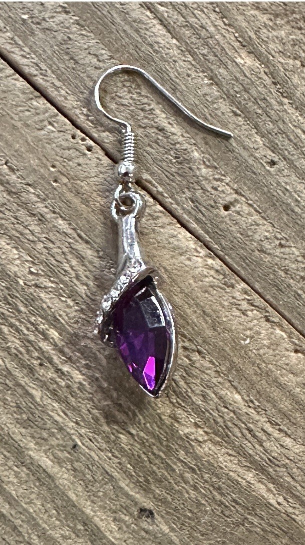 Faux Amethyst Teardrop Dangle Drop Earrings Silver Tone 1.5″