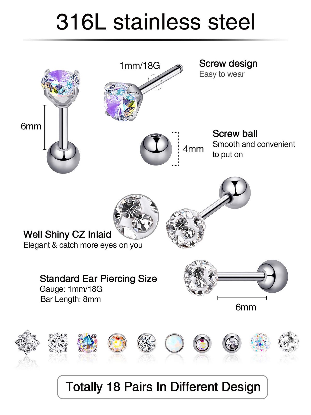 18 Pairs Stainless Steel Stud 18 G/ 1 mm with 4 Screw Ball, Color