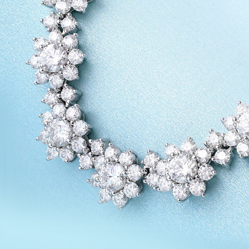Round Moissanite Flower Tennis Chain Women Wedding Necklace 925 Sterling Silver