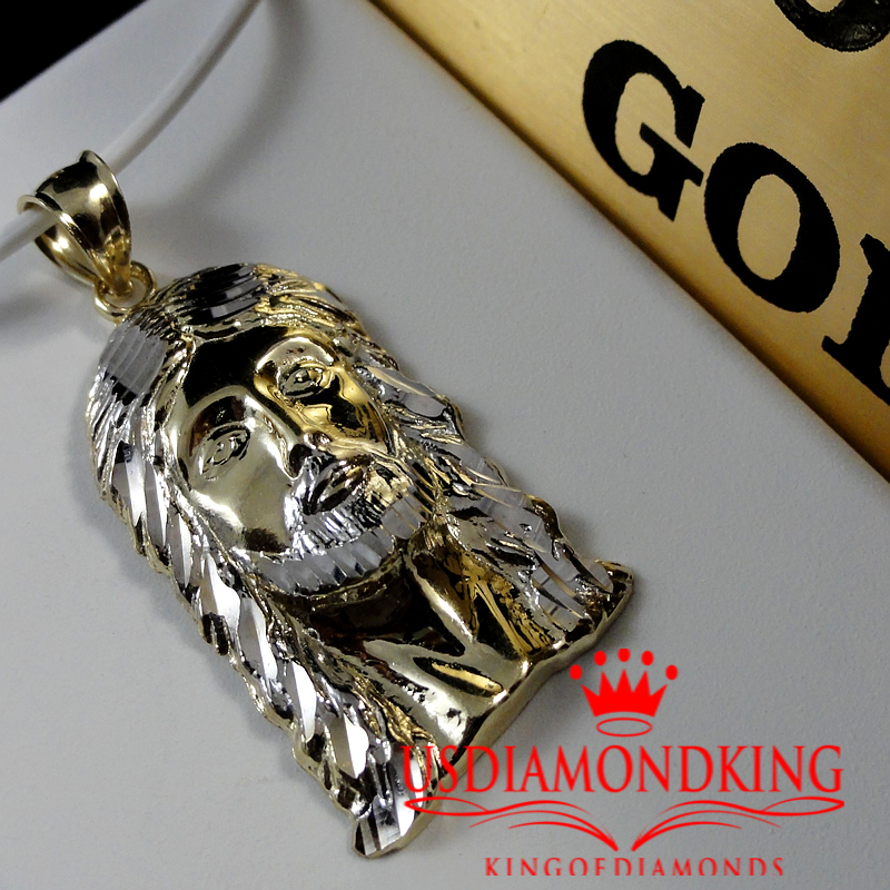 1OK TWO TONE GOLD DIAMOND CUT HOLY JESUS FACE CHARM PENDANT 1.5 INCH 3.7 GRAMS