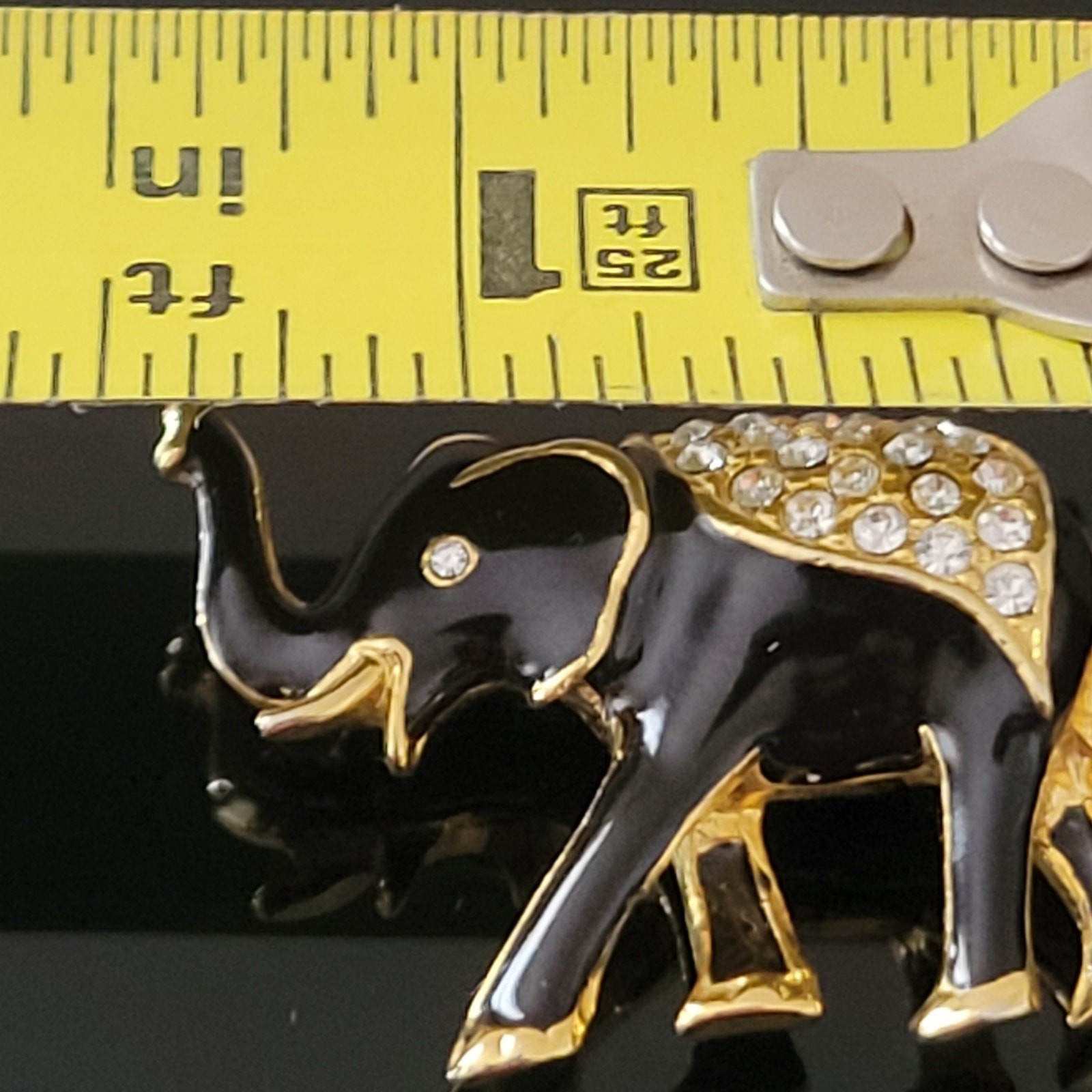 Exquisite Elephant Black and Gold Enamel with Rhinestones on Top and Eye