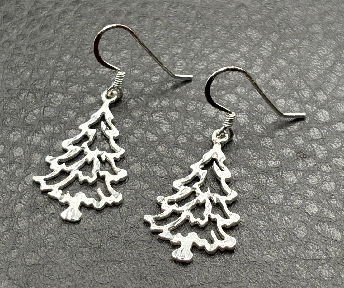 Sterling Silver Christmas Tree Earrings Cut Out Design Holiday Dangle