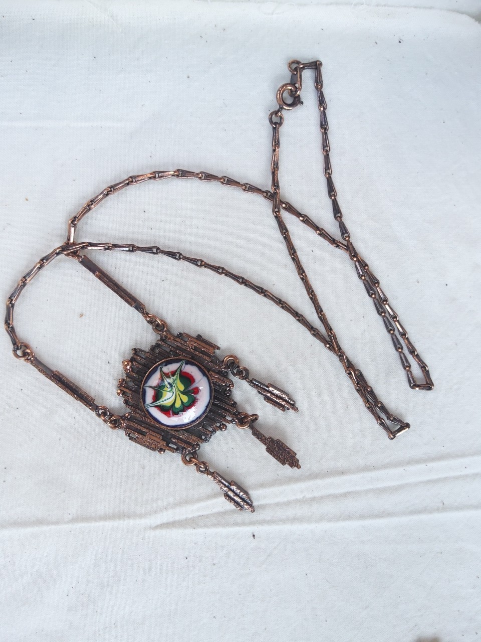 Mid Century Modern Brutalist Enameled Copper Fringe Necklace