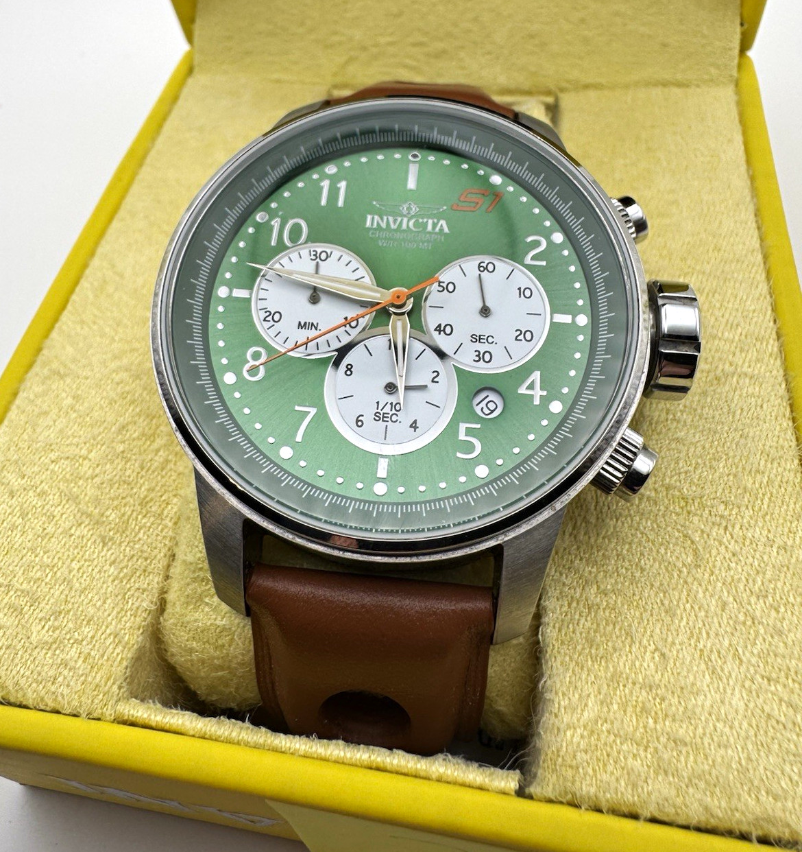 Invicta S1 Rally (23108) Chronograph Quartz Green Dial Brown Leather Strap 45mm