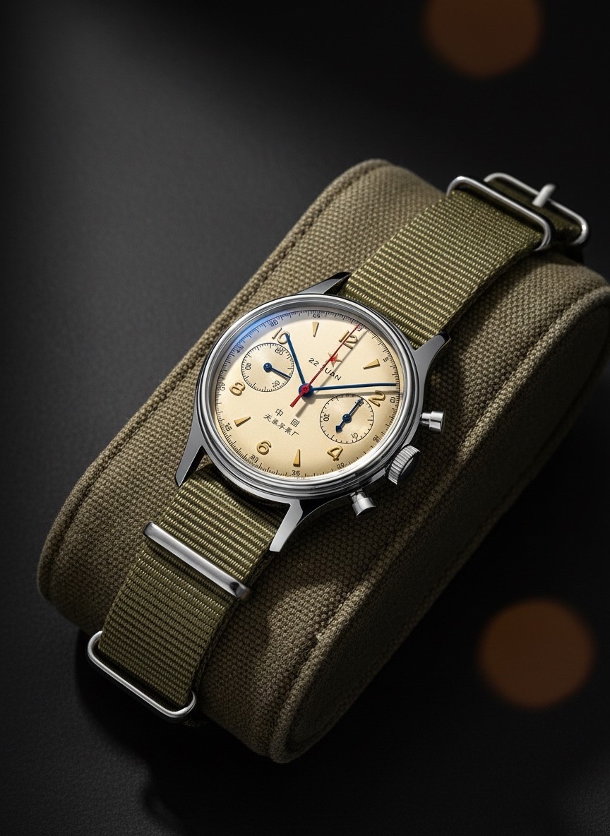 Seagull 1963 Chronograph — ST1901 Manual Wind, Beige Dial, NATO, D304