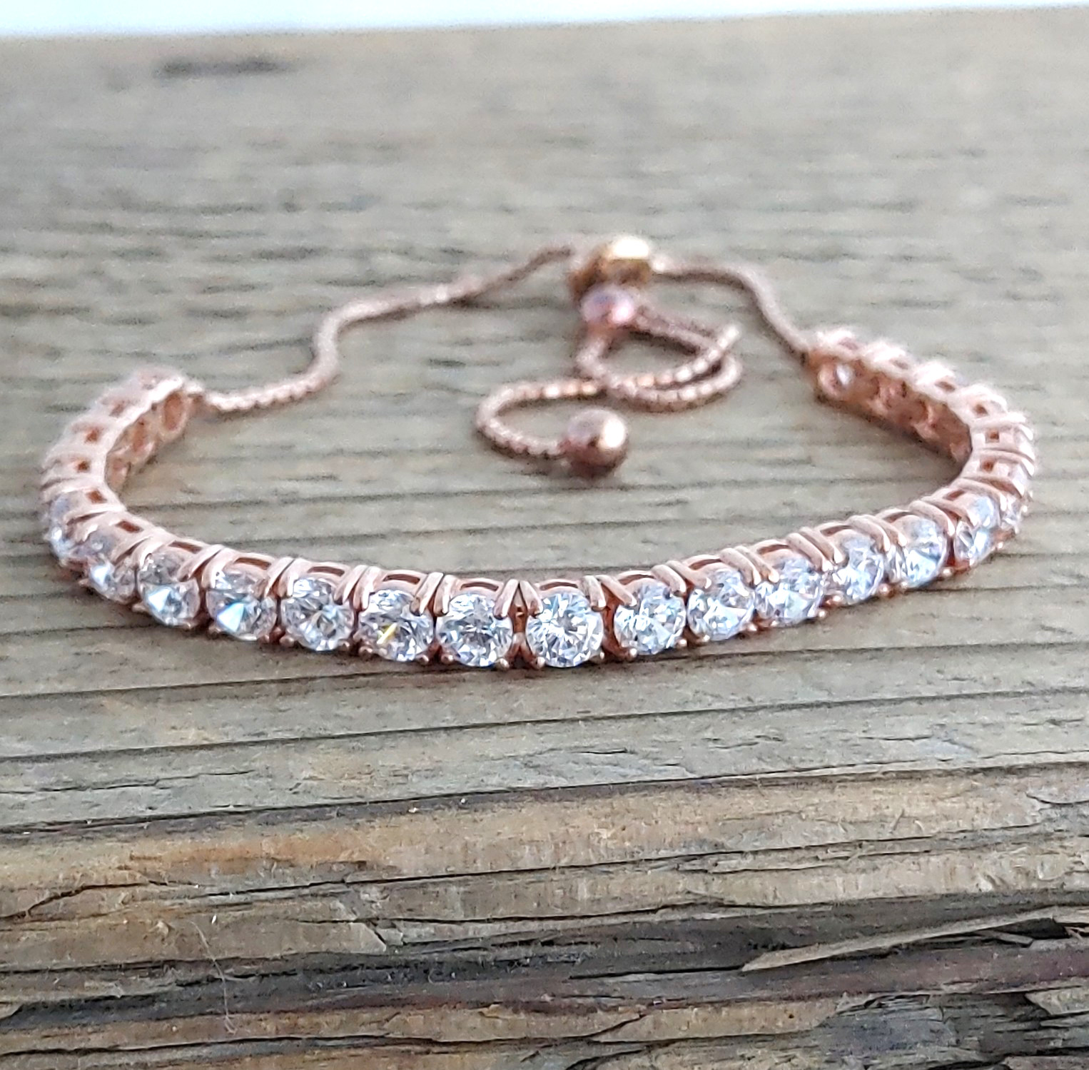 Rose Gold Tone 925 Sterling CZ Adjustable Slider Bracelet Sign JCM Tennis Style