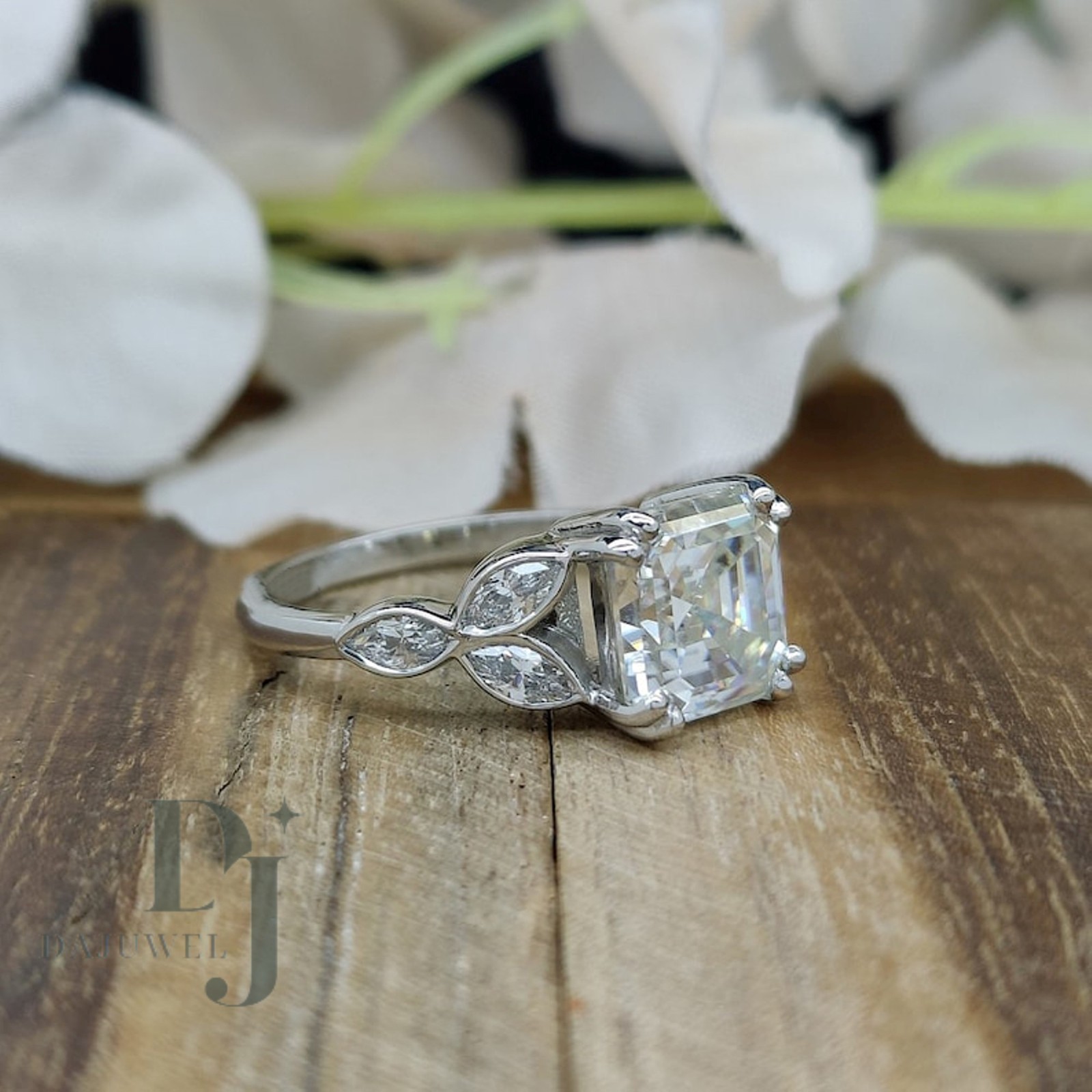 Moissanite Fancy Engagement Ring Solid 14K White Gold 2.30 CT Asscher Cut F/VVS1