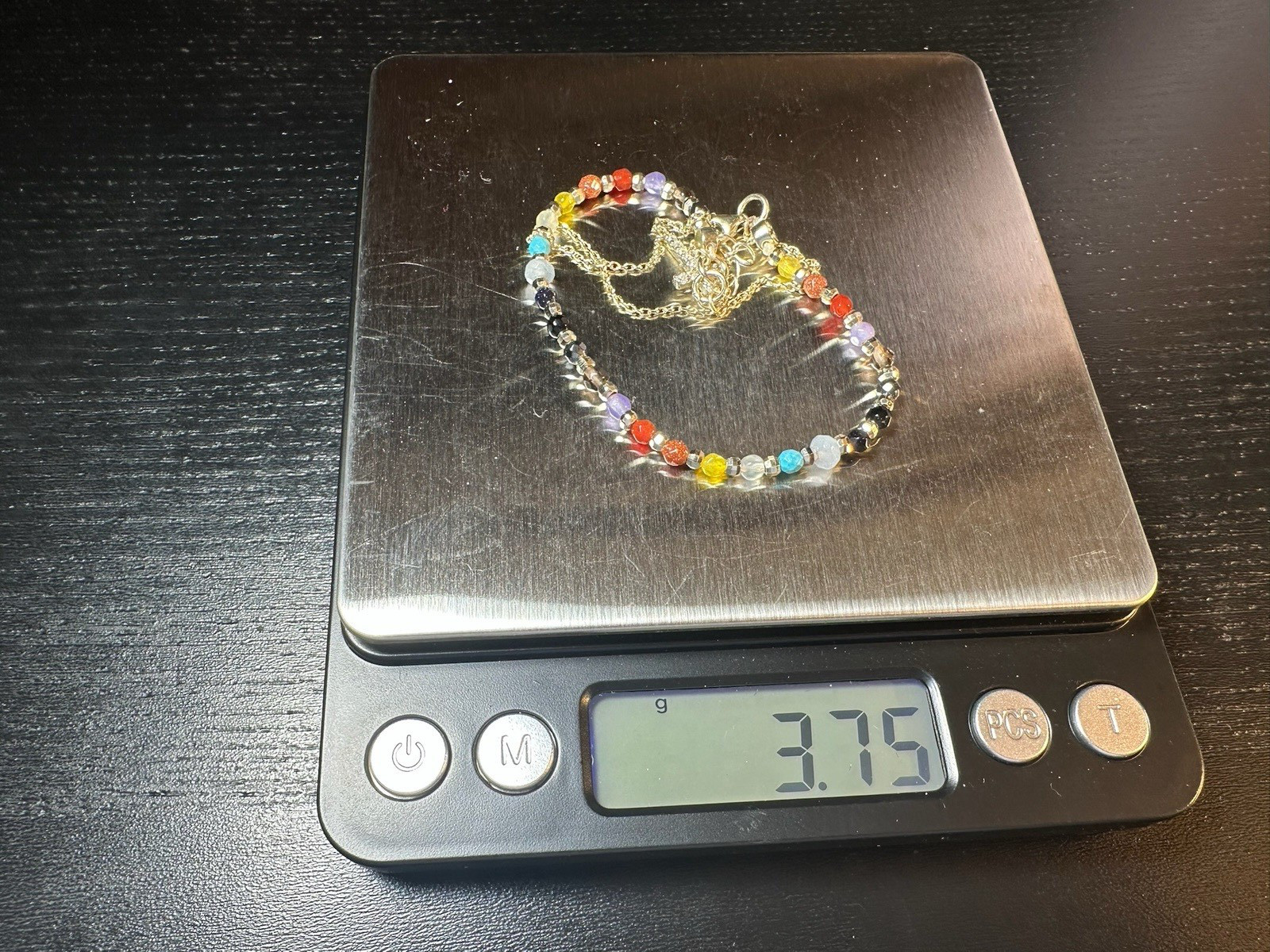 3.75 Vintage Sterling Silver Multi Gemstone Beaded Bracelet Cross Charm 7.3 in