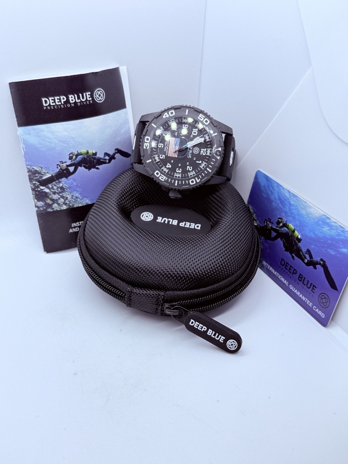 Deep Blue DAYNIGHT 43MM DIVER SOLAR POWERED PC BLACK DIAL USA🇺🇸3 COLOR TUBES‼️