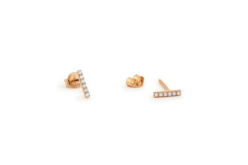 14K Gold 0.10 CT H-I/SI Round Natural Diamond Dainty Minimal Bar Stud Earrings