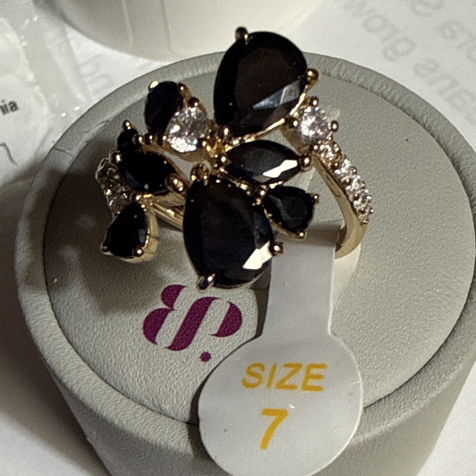 Threaded In Thought Gold Plated Black Onyx CZ Floral Cocktail Ring Sz 7 RG98945