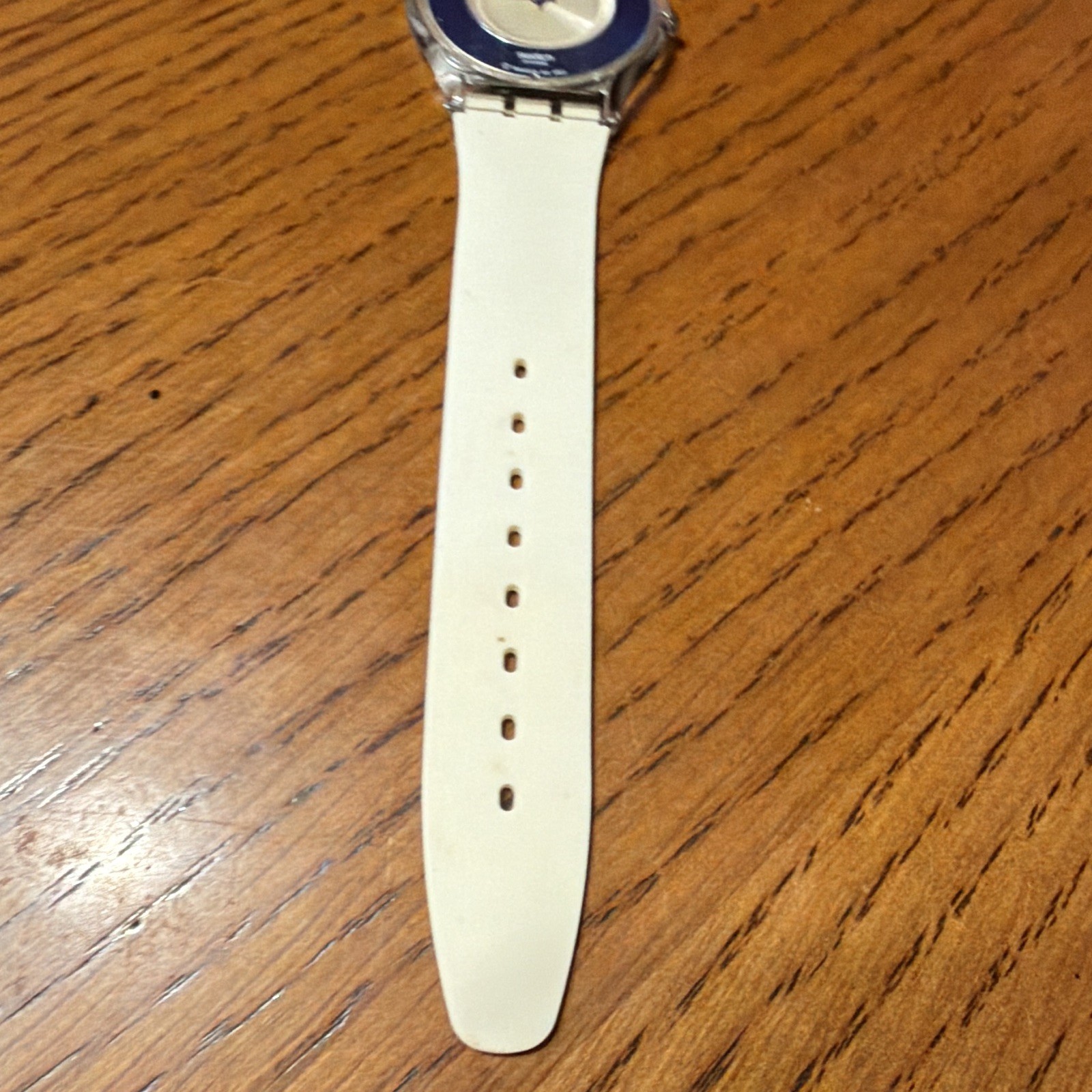 Swatch Swiss Made Quartz Analog Blue Dial Clear Plastic Case White Strap