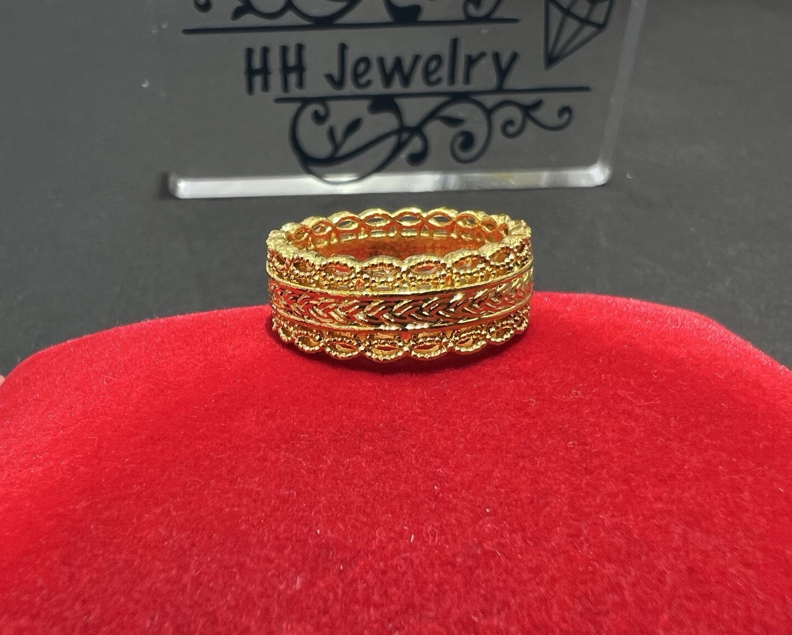 24K Yellow Gold Hollow Wide Diamond Cut Infinity Eternity Ring Band
