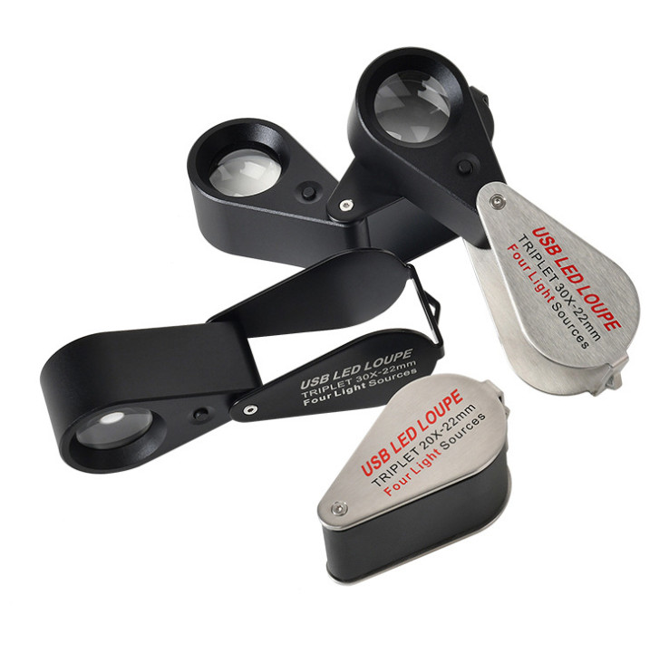 Jewelry Loupe 10X 20X 30X Stamps Diamond Magnifier with LED UV Rechargeable