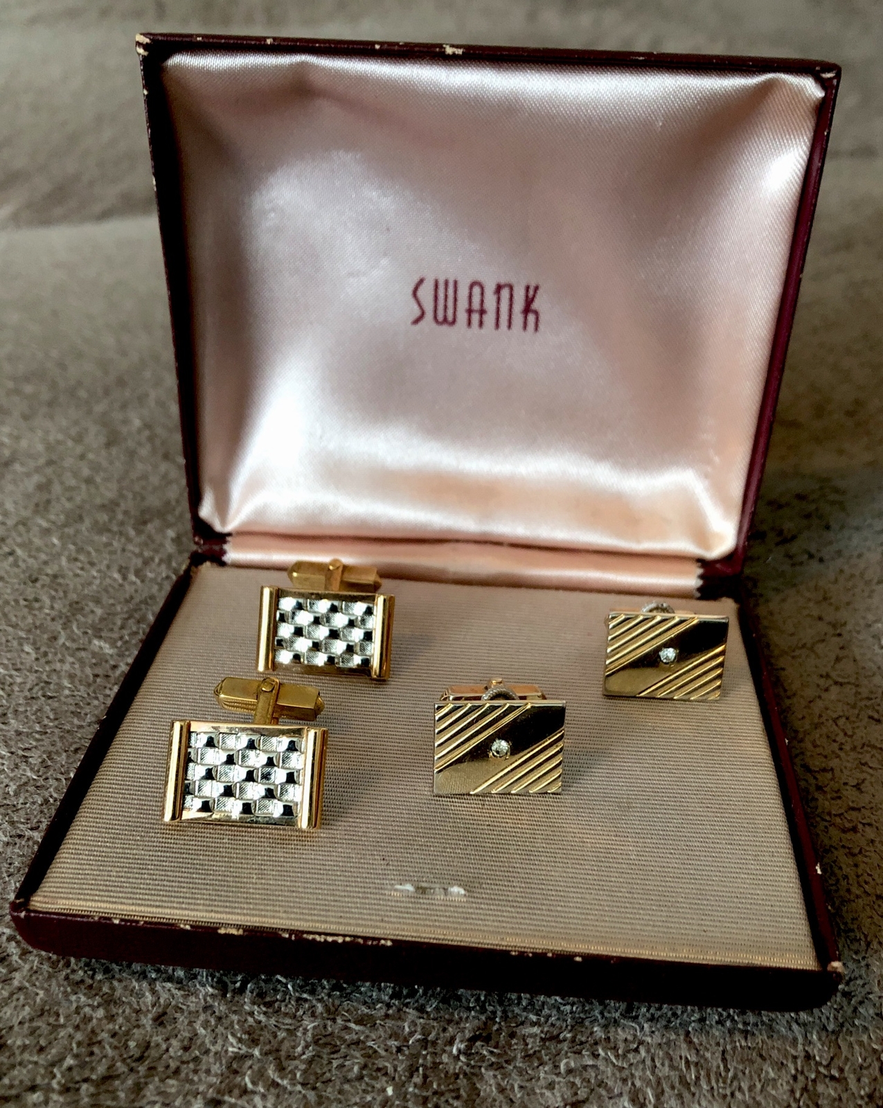 2 Sets Vintage Swank Cufflinks Rectangle Thick Gold & Silver With Case