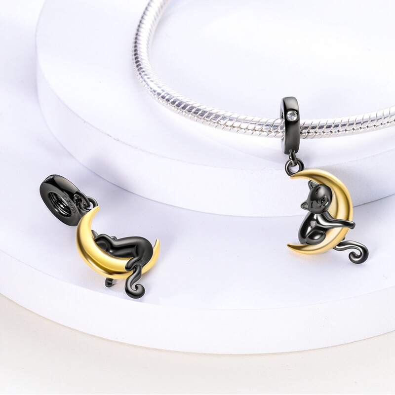 MULA European Silver Plated Charm CZ Enamel Black Cat Moon For Women Bracelet
