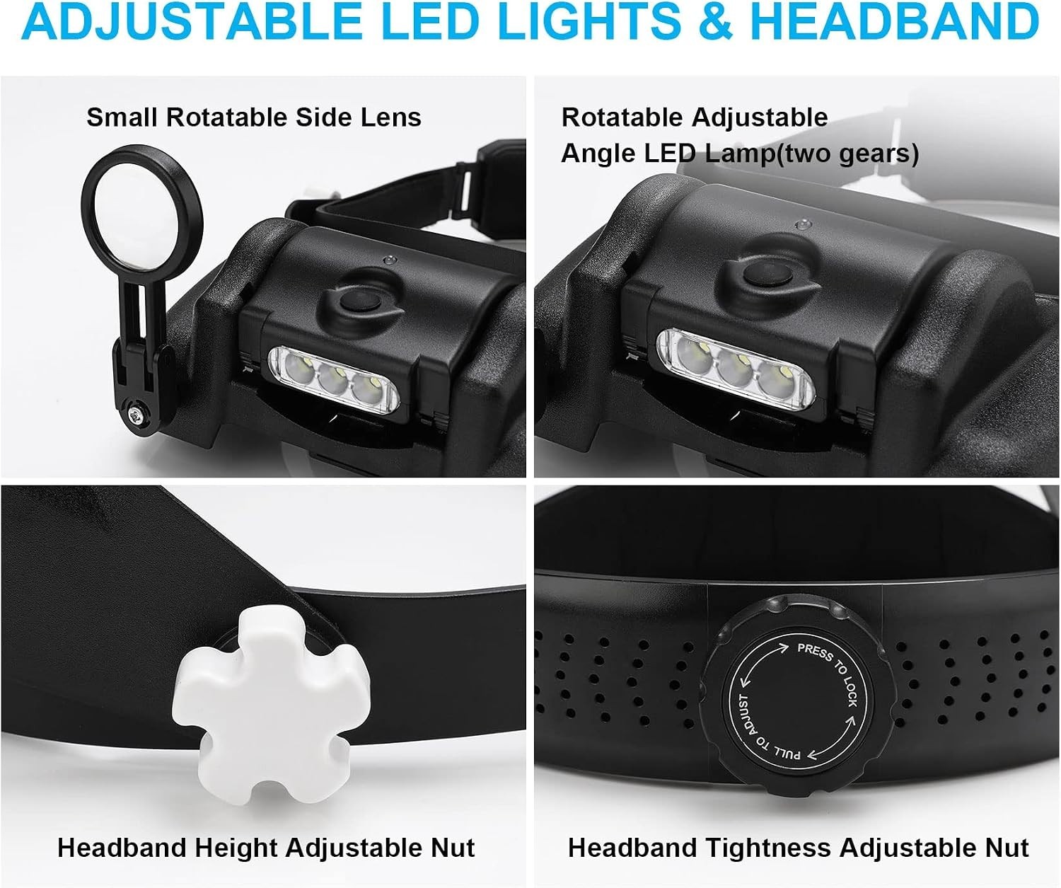Headband Magnifying Glass with Light, Rechargeable Head Magnifying Glasses 1X to