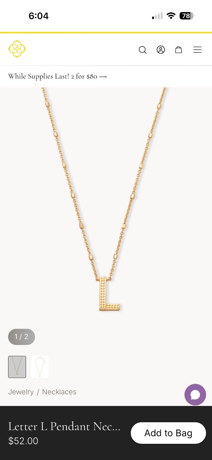 Kendra Scott Gold Plated Cable Chain Necklace Letter L, Original Packaging