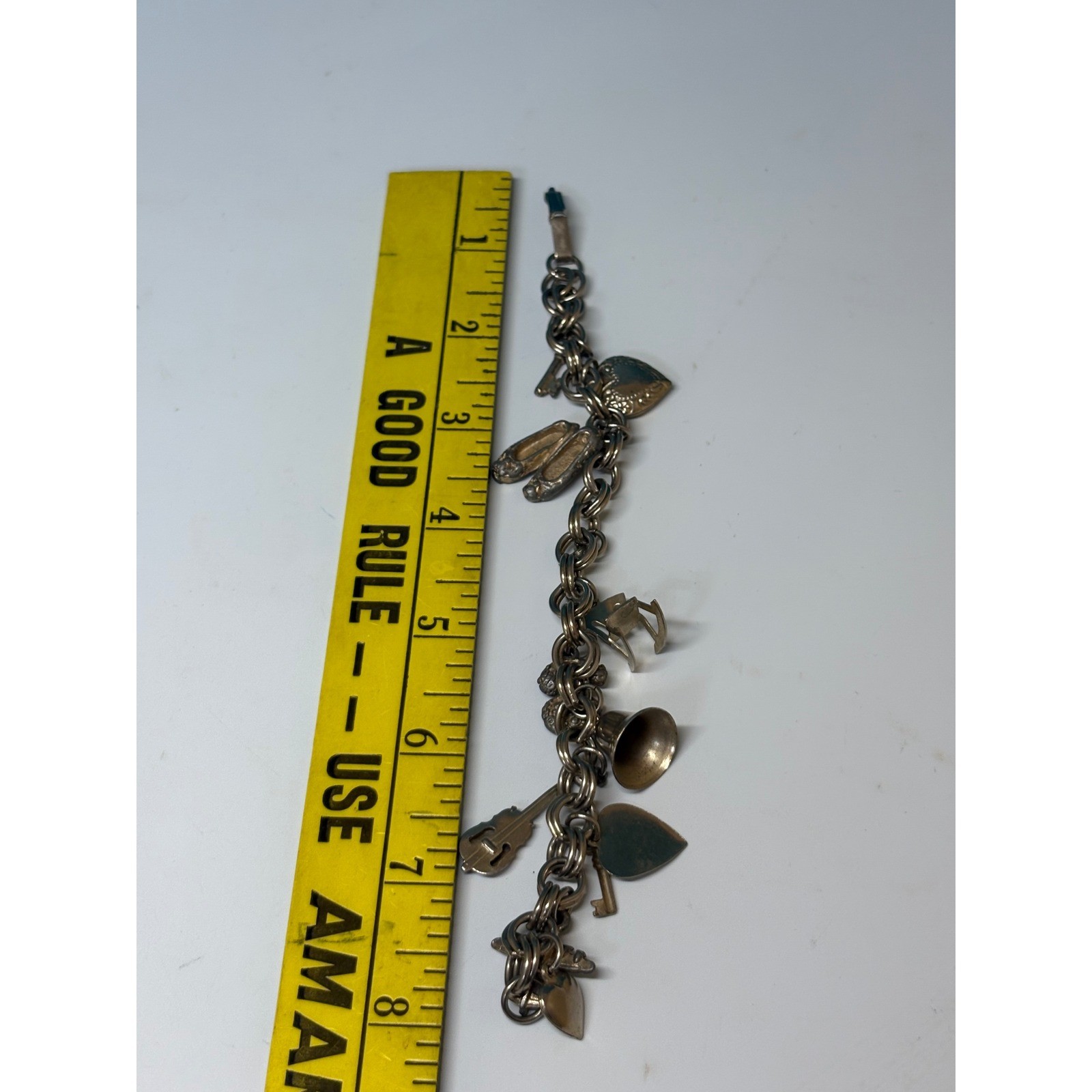 Vintage Silver Tone Double Link Charm Bracelet Bell Violin Airplane Heart