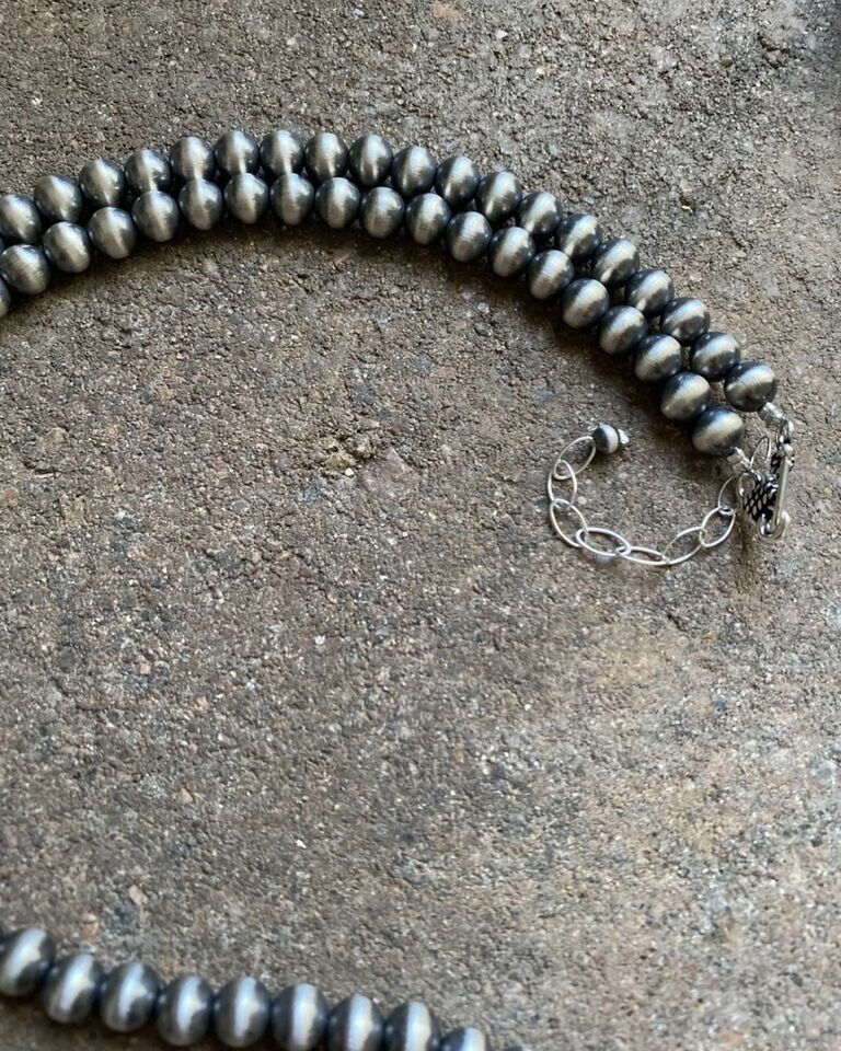 7mm 36 Inch 925 Sterling Silver Oxidized Pearls Bead Necklace Southwestern