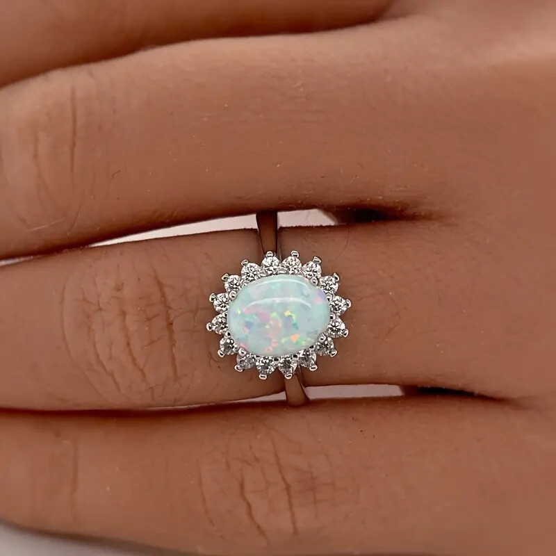 Elegant 925 Sterling Silver Rainbow Opal Charms Engagement Wedding Ring Size 6.5