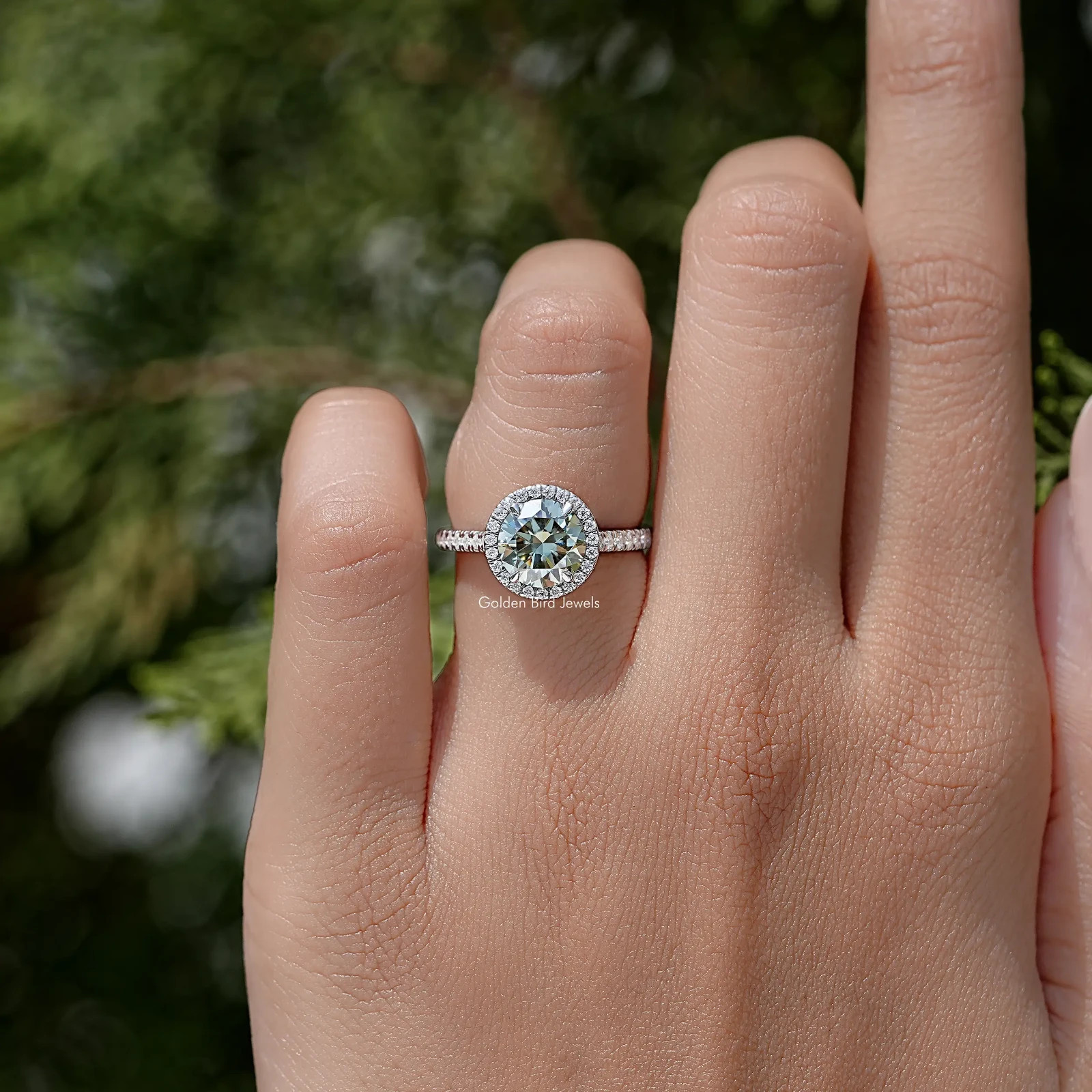 Blue Green Round Cut Moissanite Halo Ring