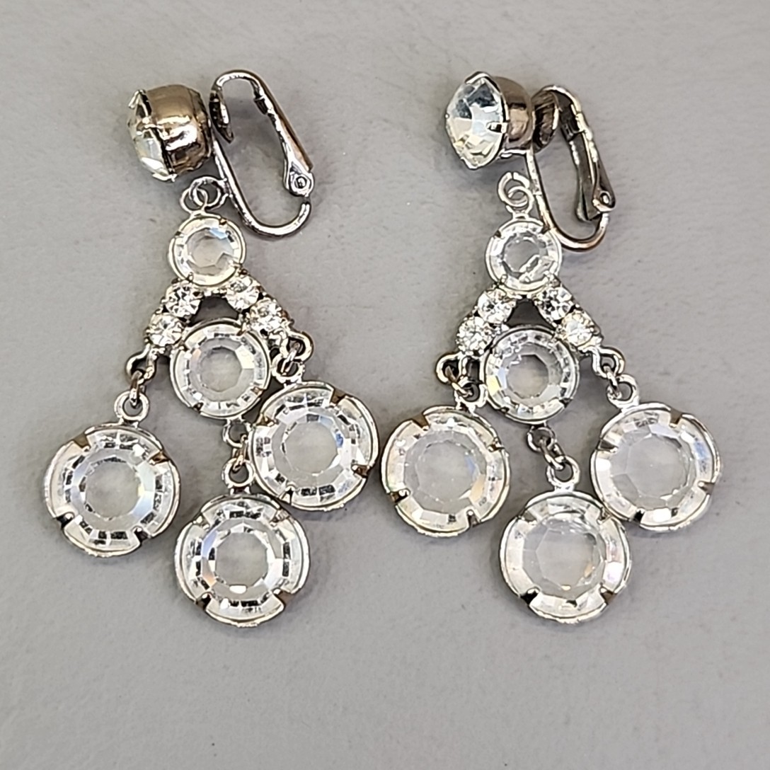 Vintage Glass Beaded Clip Earrings Clear Open Bezel Dangles Silver Tone 2″