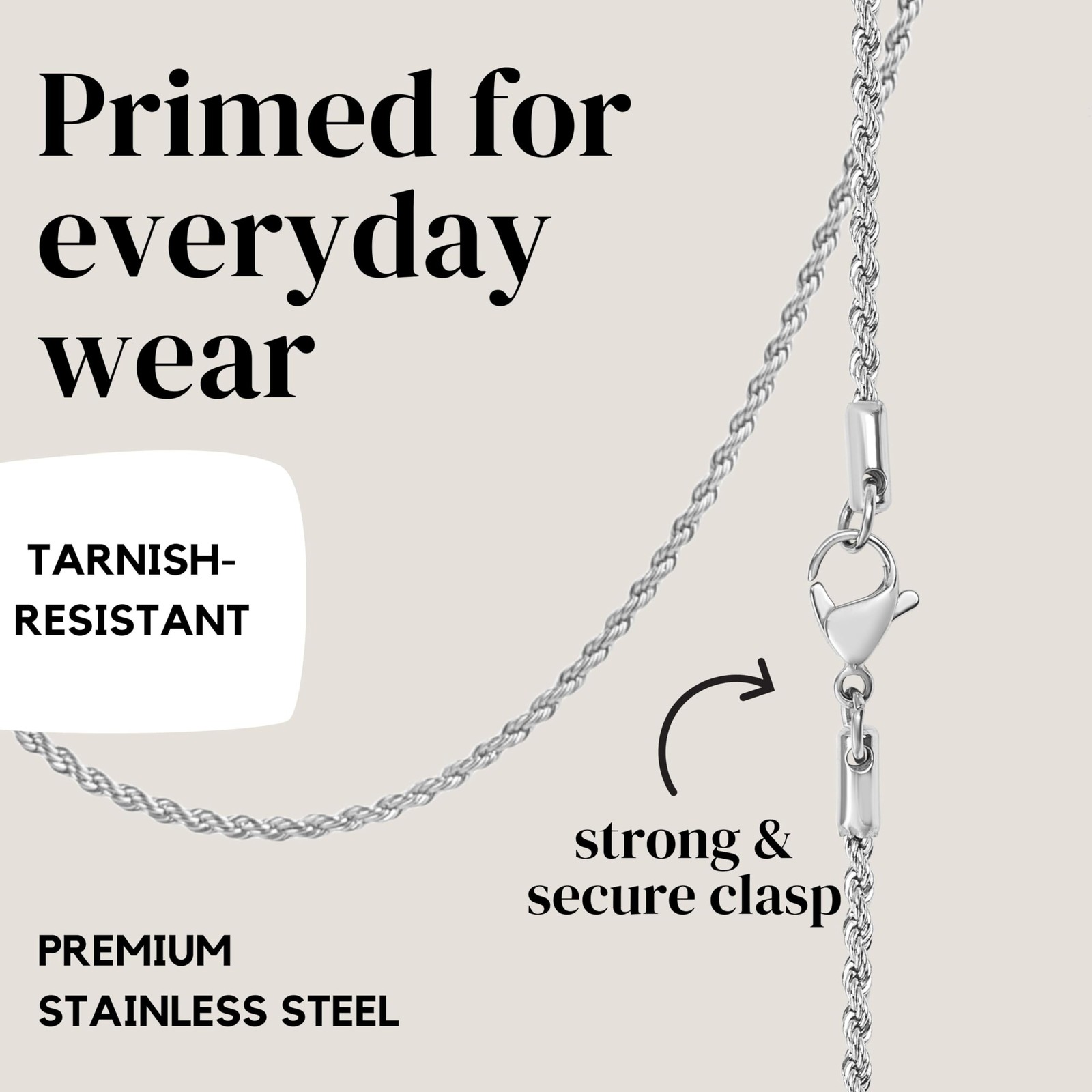 KISPER 24k White Gold Rope Chain Necklace –Thin, Dainty, White Gold Plated