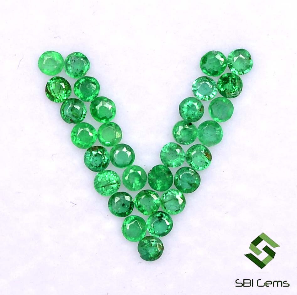 Natural Emerald Round Cut 2 mm Lot 30 Pcs 0.98 Cts Lustrous Zambian Loose Gems