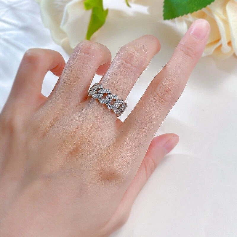 Iced MOISSANITE Prong Cuban Link Band Ring Real 925 Silver 8mm Wedding Hip Hop