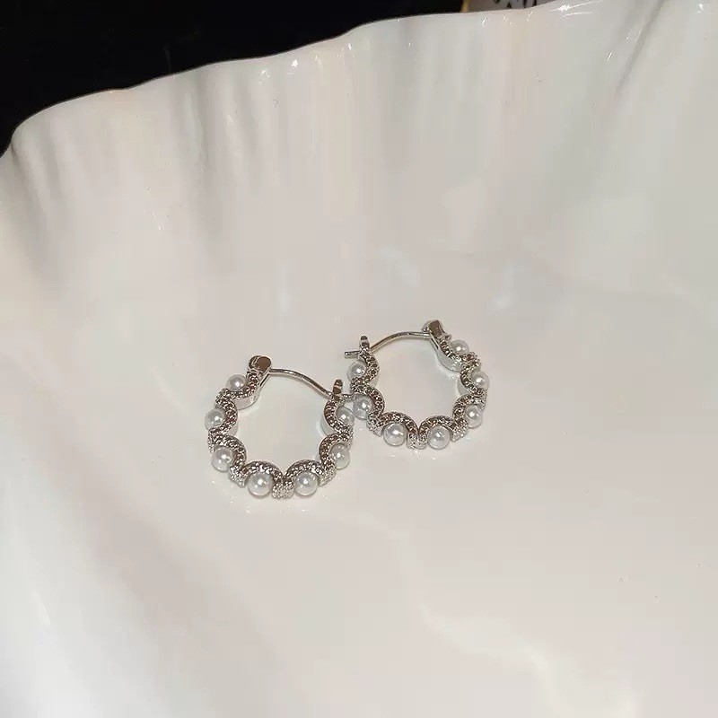 Silver Pearl Hoop Earrings Round Elegant Huggie Hoop Earrings Bridal Jewelry 396