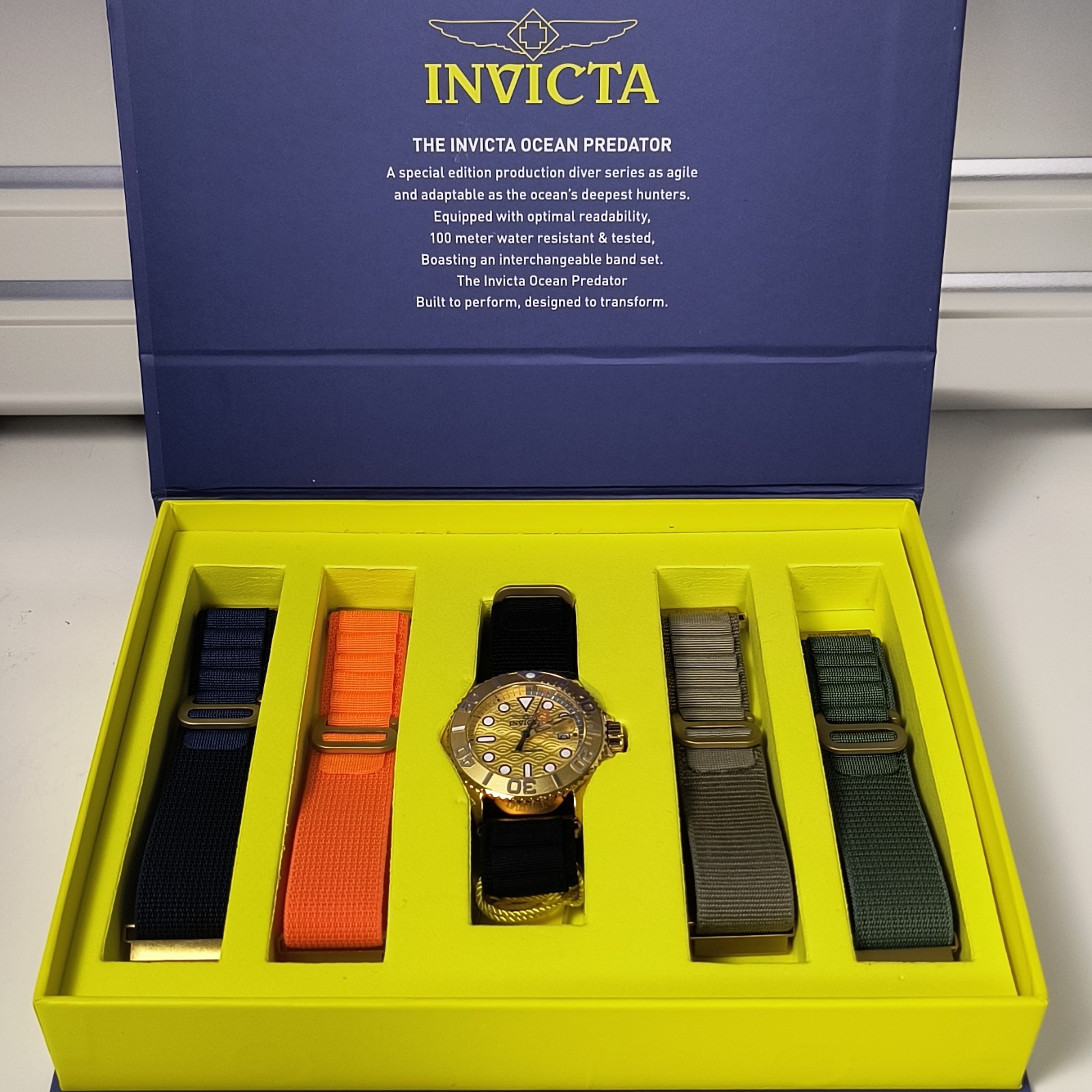 Invicta Ocean Predator Quartz 200m 48mm Gold Dial Diver Strap Set Box Papers