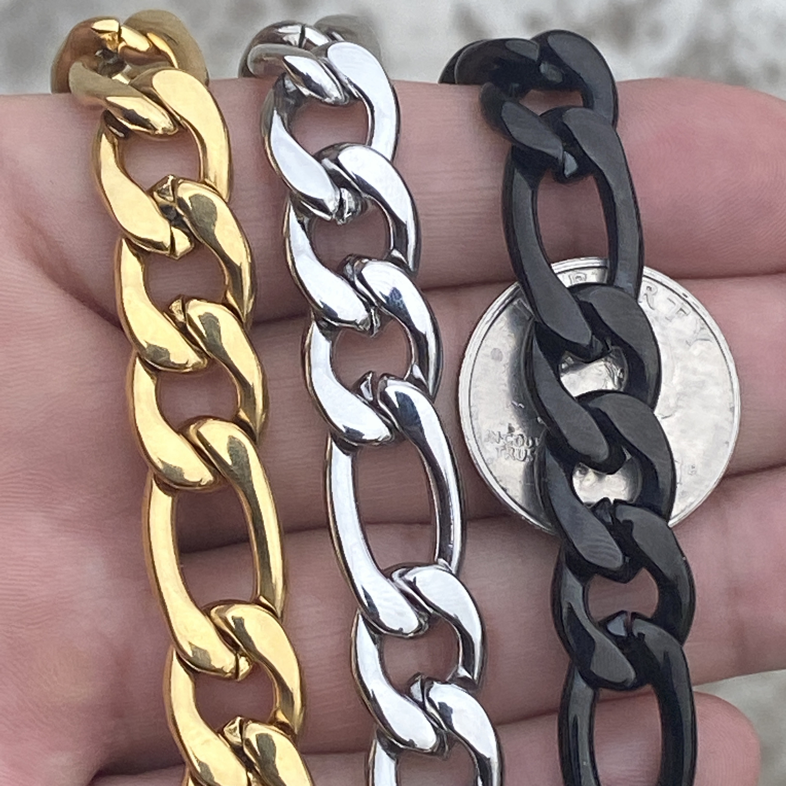 Stainless Steel Figaro Bracelet 24k Gold Plated, Silver, or Black 8.5″ 12 MM