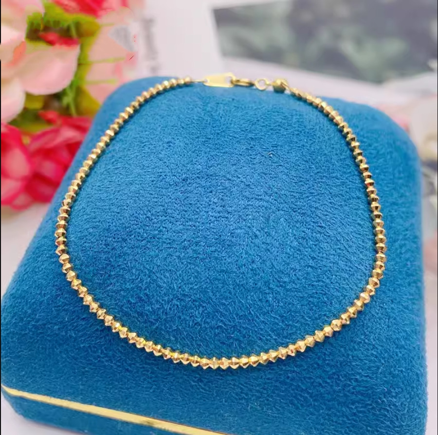 Solid 18K Yellow Gold AU750 Laser Beads Bracelet Bangle Chain Adjust 16-18cm
