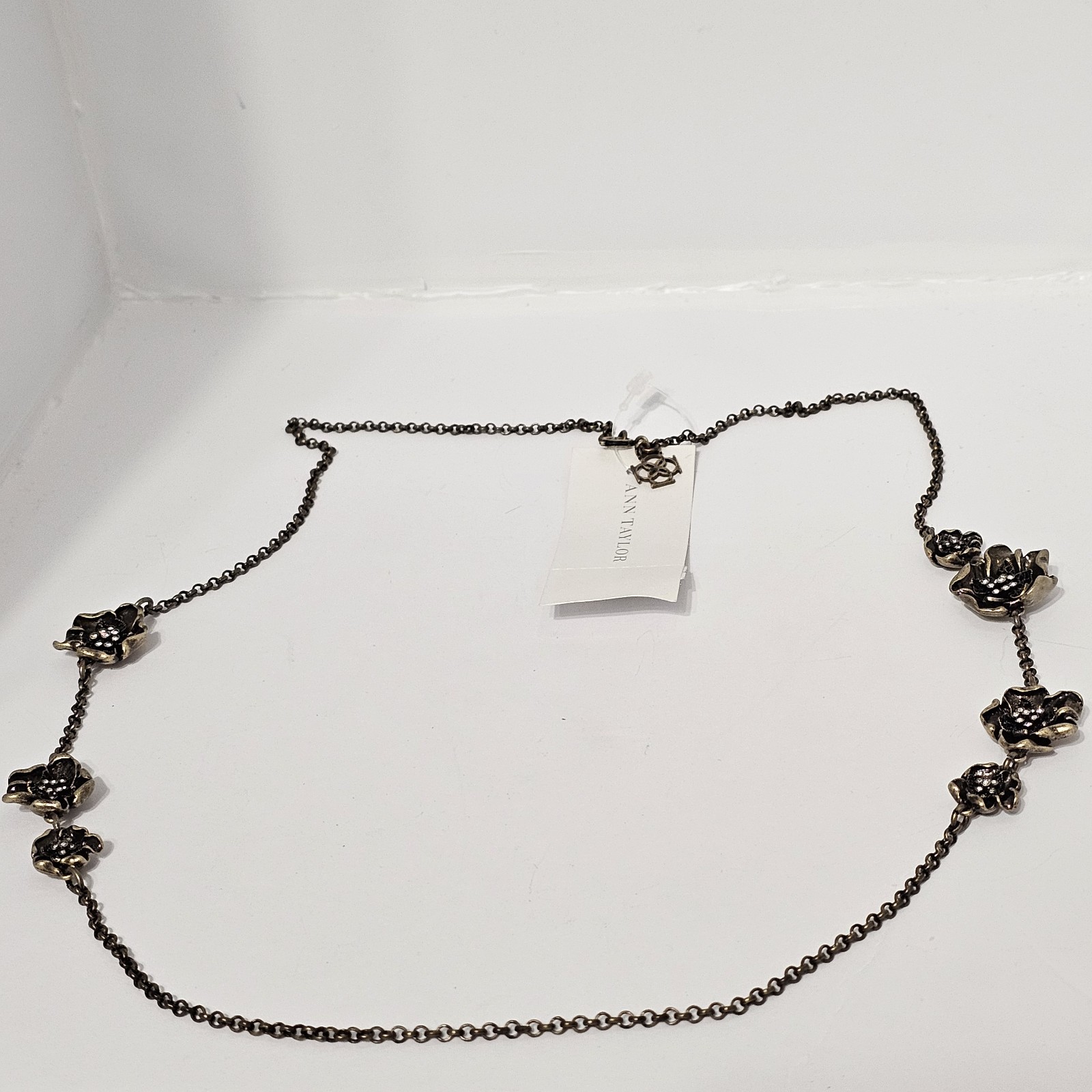 Ann Taylor Long Station Necklace Bronze Gold Floral Rhinestone Flower Chain NWT