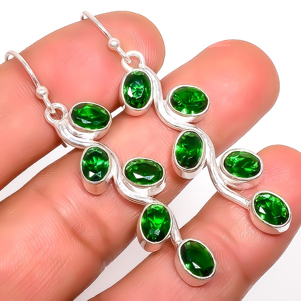 Emerald Quartz (Simulated) 925 Sterling Silver Handmade Earring 2.15″ A339
